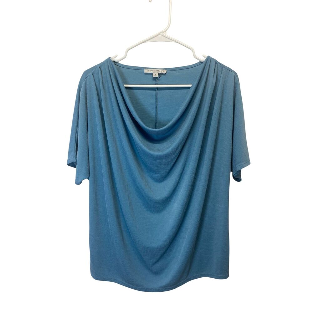Green Envelope Los Angeles Blouse  Size L Blue Cowl Neck Short Sleeve Casual